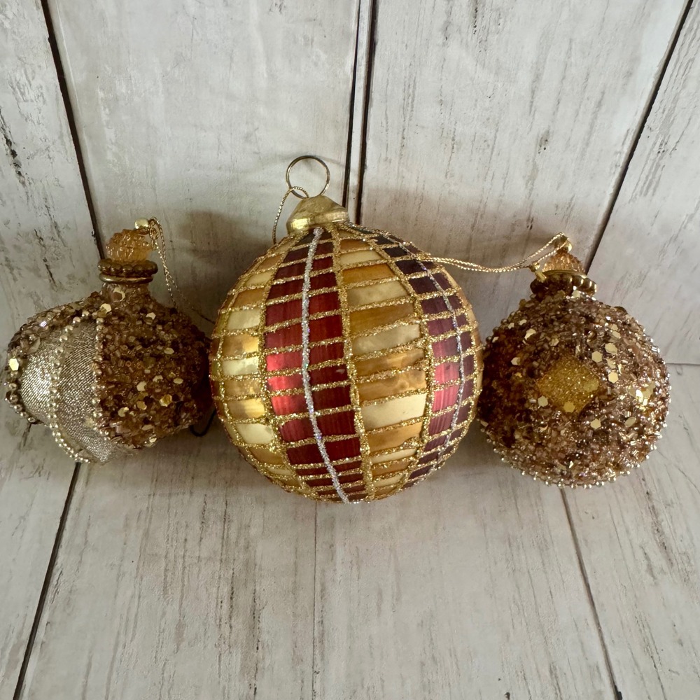 Gold Burgundy Beaded Sequin Glass Christmas Ornament Set of 3 Plaid Glitter Luxe